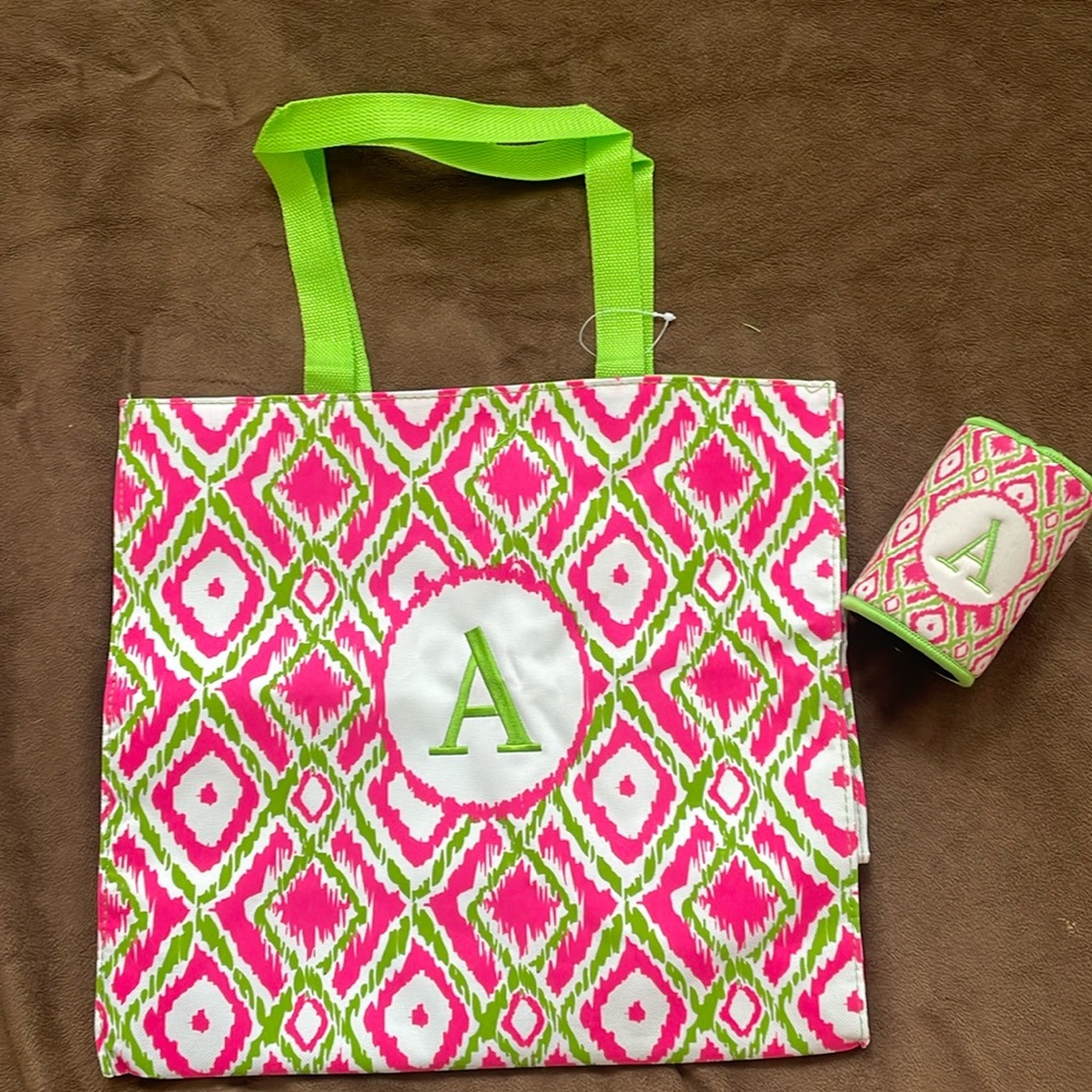 NEW A Monogrammed Tote Market Bag and koozie